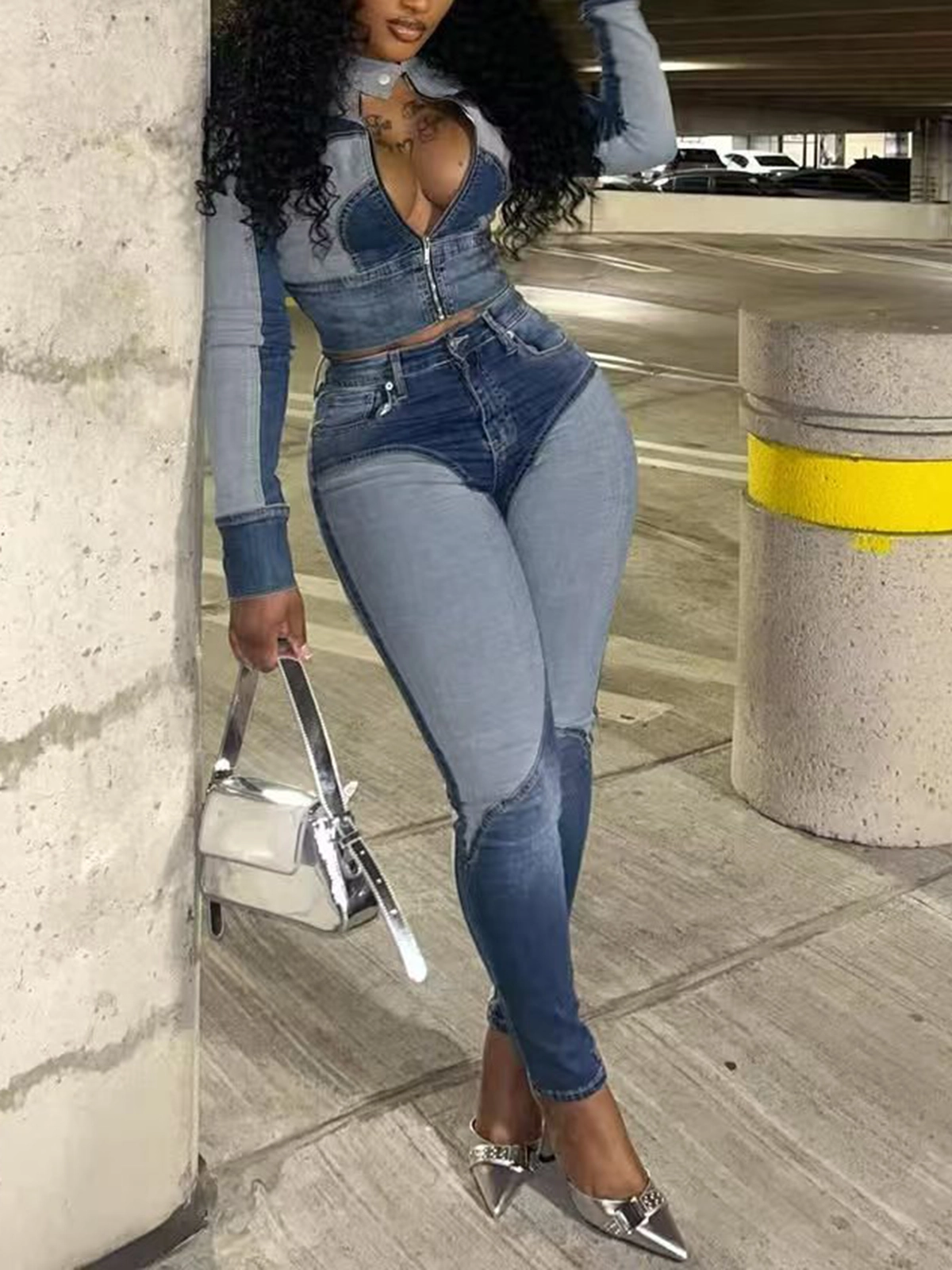 Patchwork Denim Jacket And Jeans Set