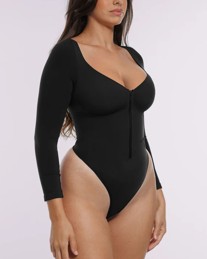 Front Zipper Seamless Slimming Long Sleeve Thong Bodysuit