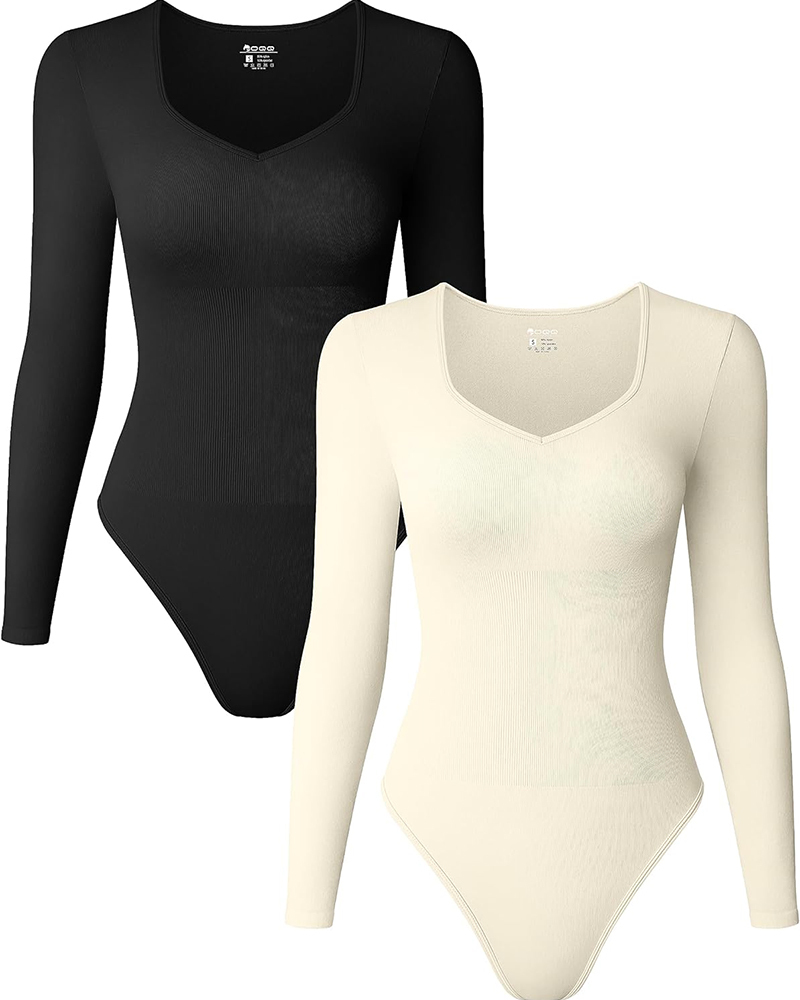 Sweetheart V Neck Ribbed Long Sleeve Bodysuit
