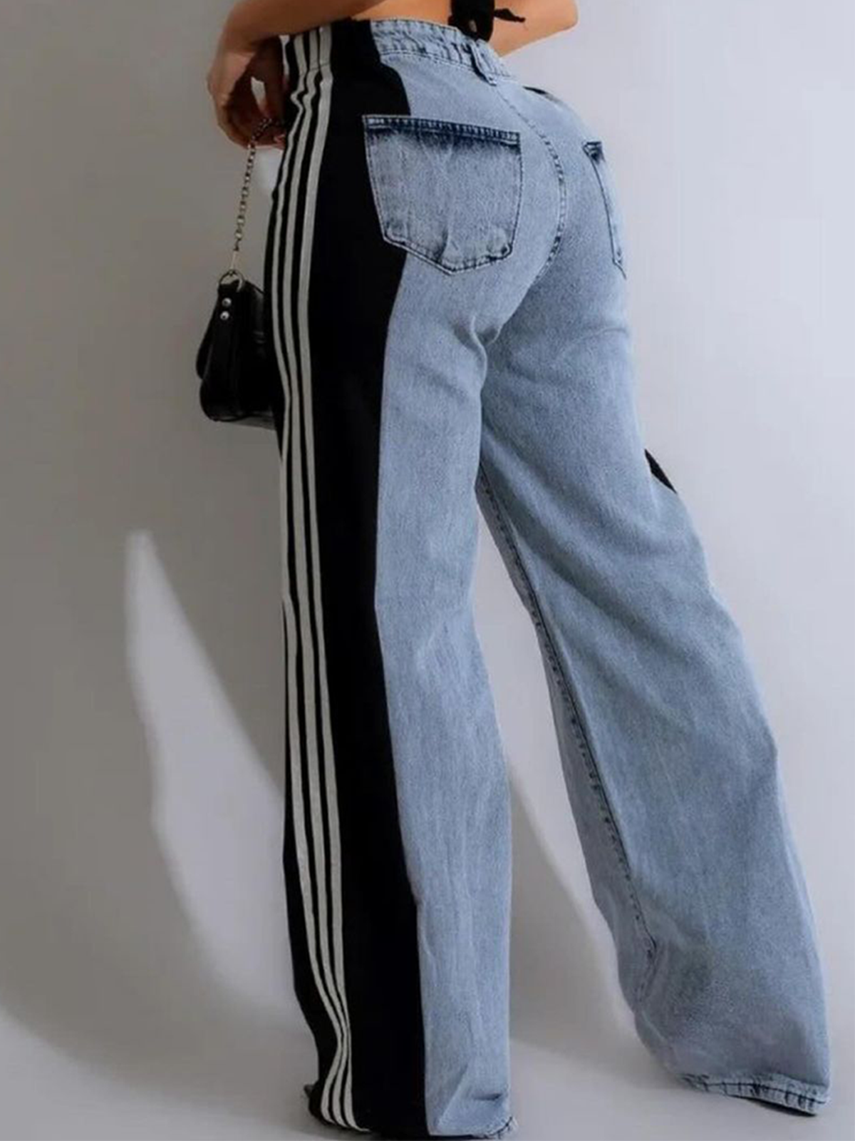 Patchwork Stripes High Waist Loose Denim Color Block Jean