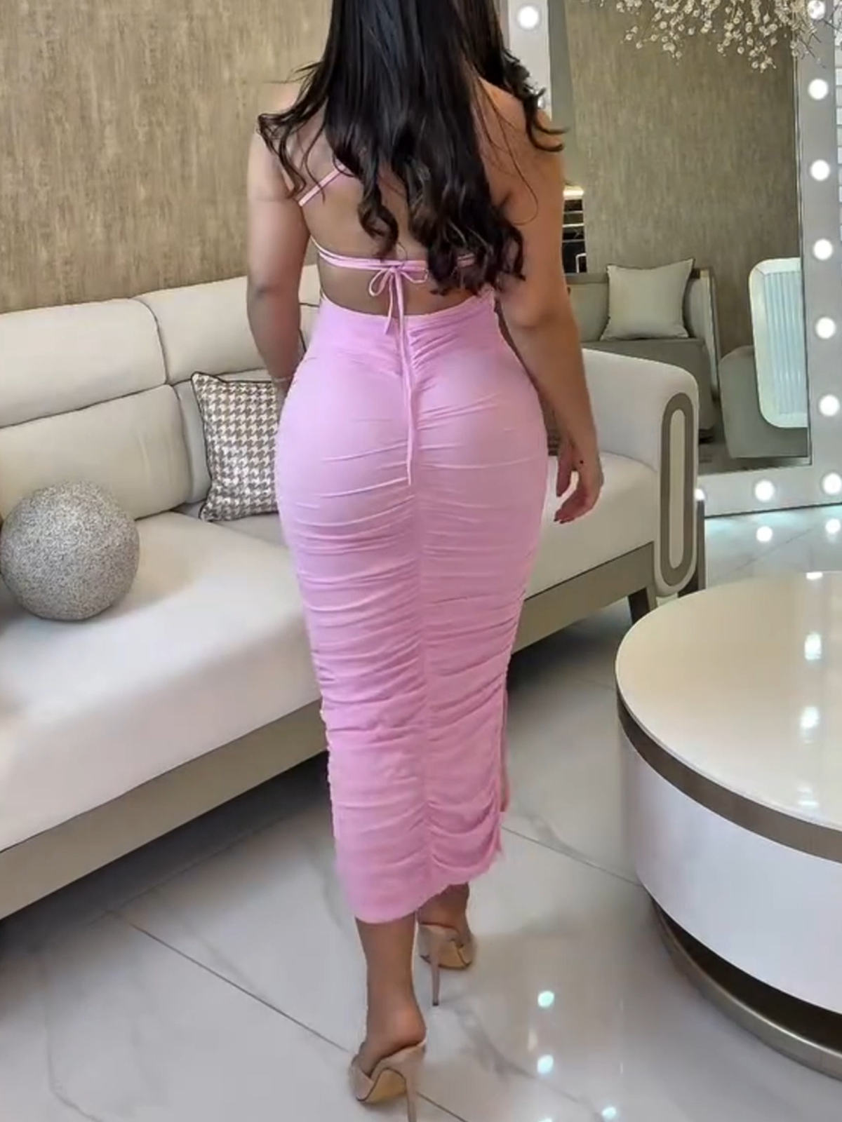 Sexy Sheer Mesh Ruched Bodycon Dress