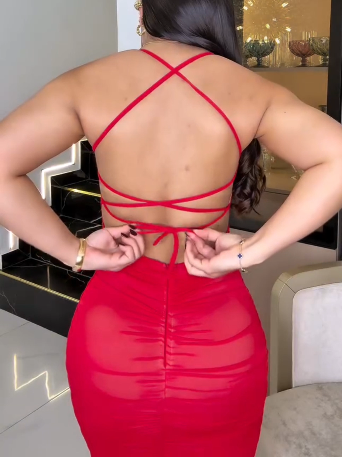 Sexy Sheer Mesh Ruched Bodycon Dress