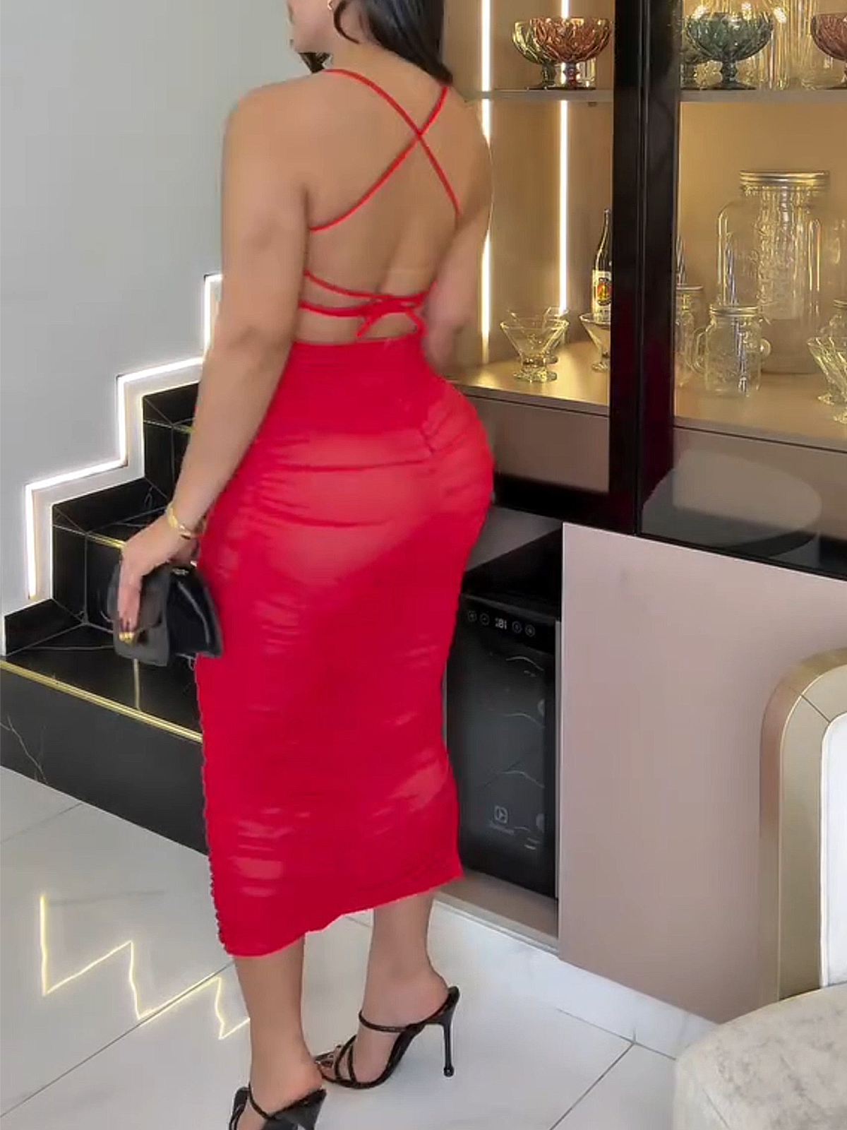 Sexy Sheer Mesh Ruched Bodycon Dress