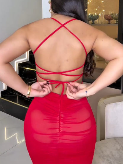 Sexy Sheer Mesh Ruched Bodycon Dress