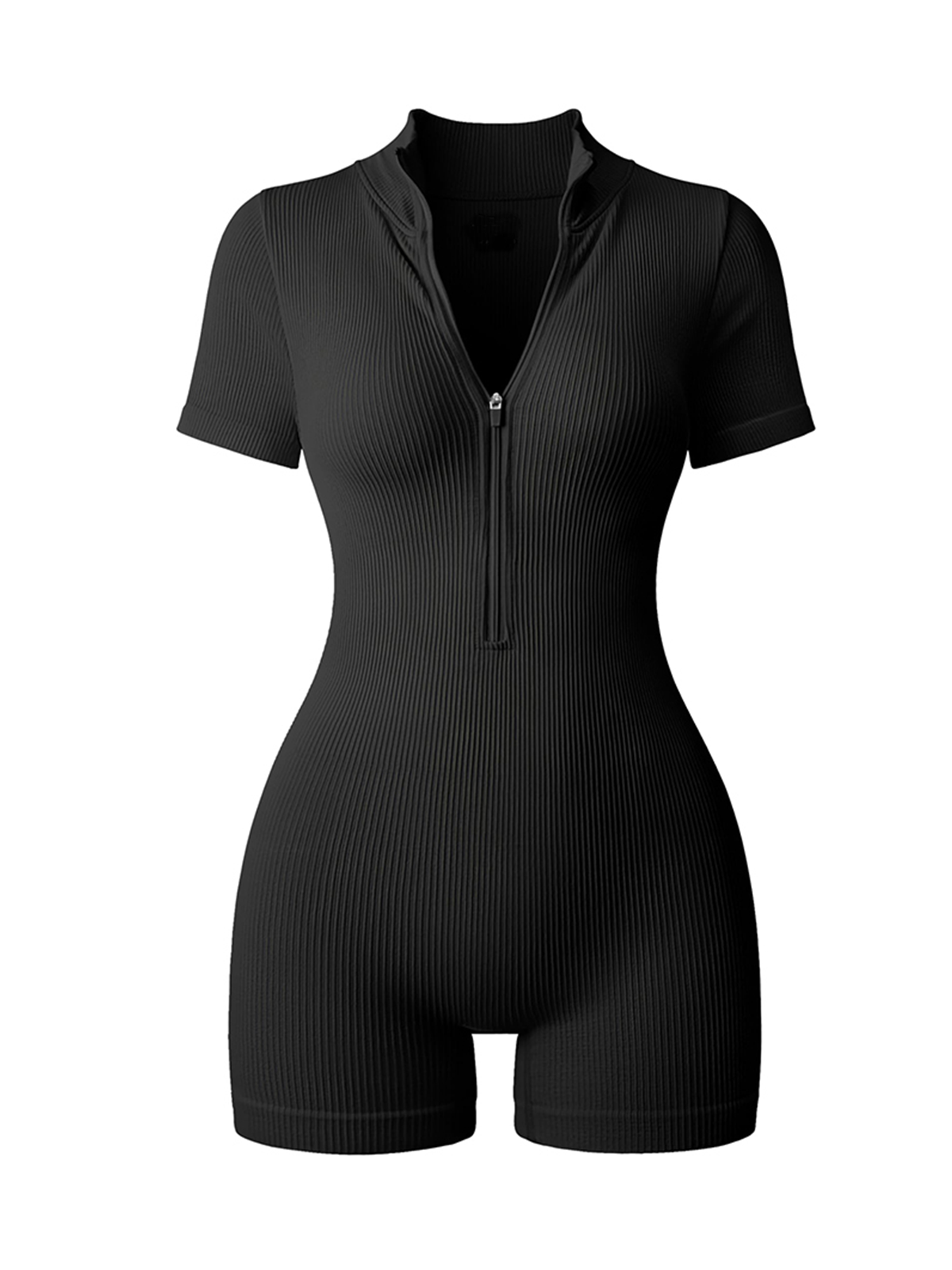 Ribbed Short Sleeve Zip Front Stretch Tummy Control Yoga Workout Rompers-ChicCurve