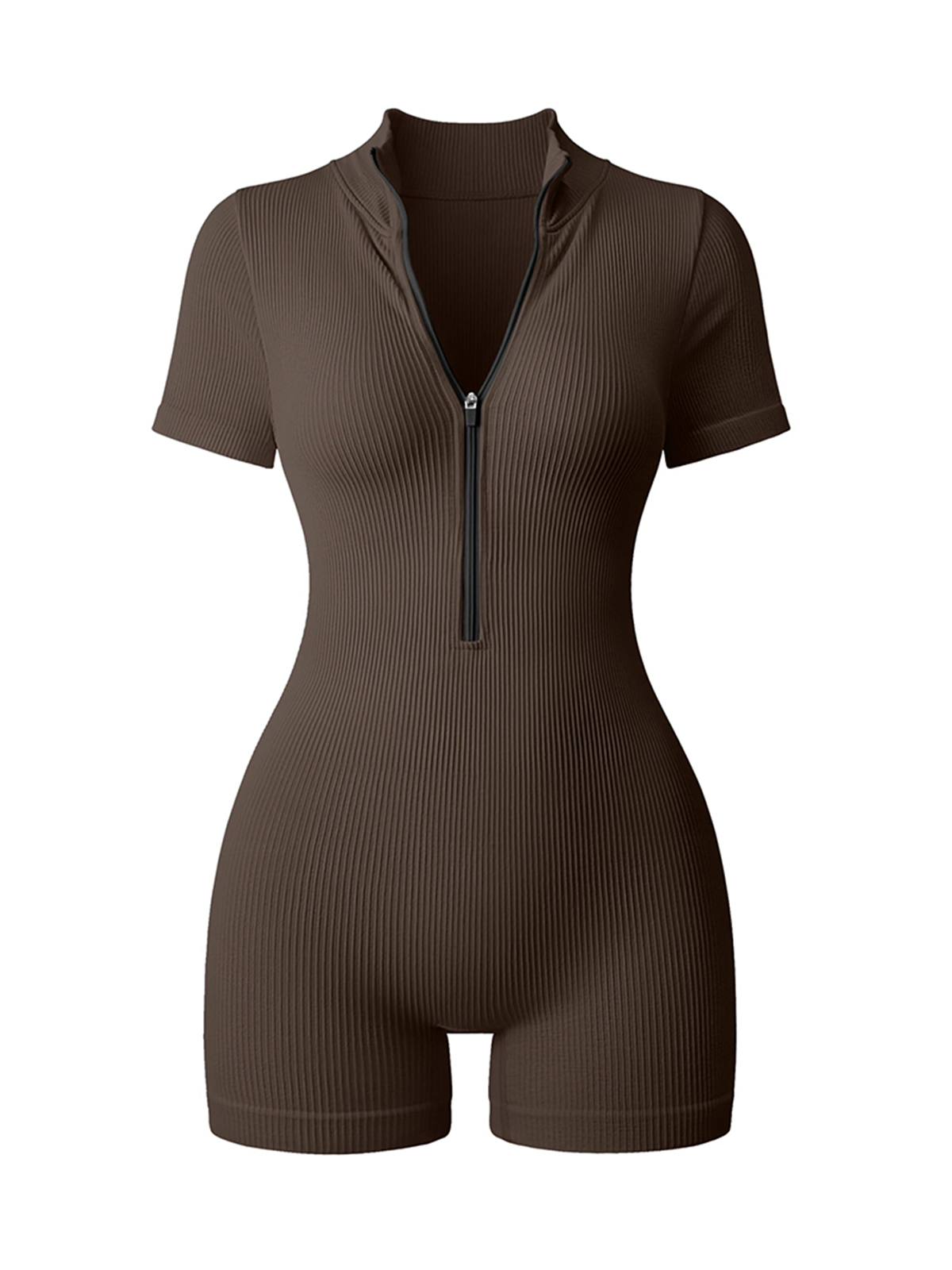 Ribbed Short Sleeve Zip Front Stretch Tummy Control Yoga Workout Rompers