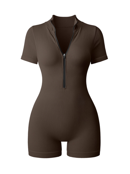 Ribbed Short Sleeve Zip Front Stretch Tummy Control Yoga Workout Rompers