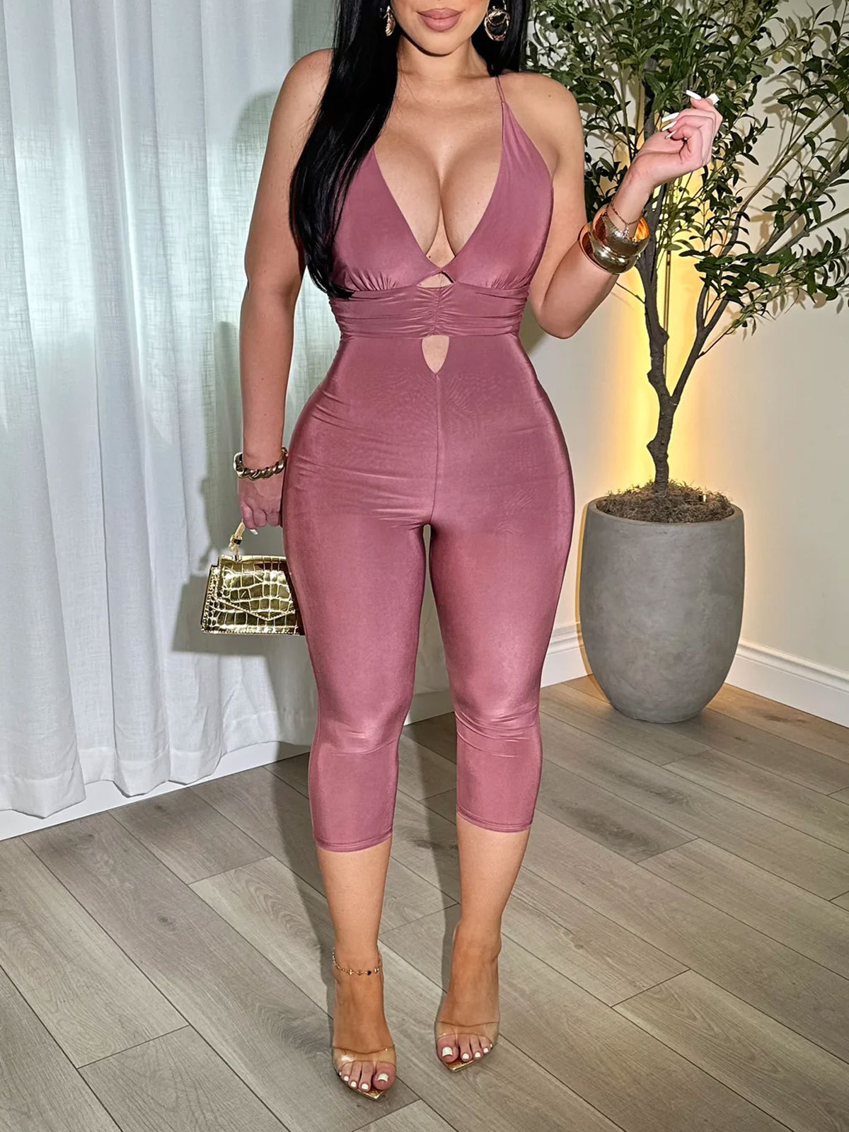 Deep V-Neck Slim Mesh Bodycon Jumpsuit