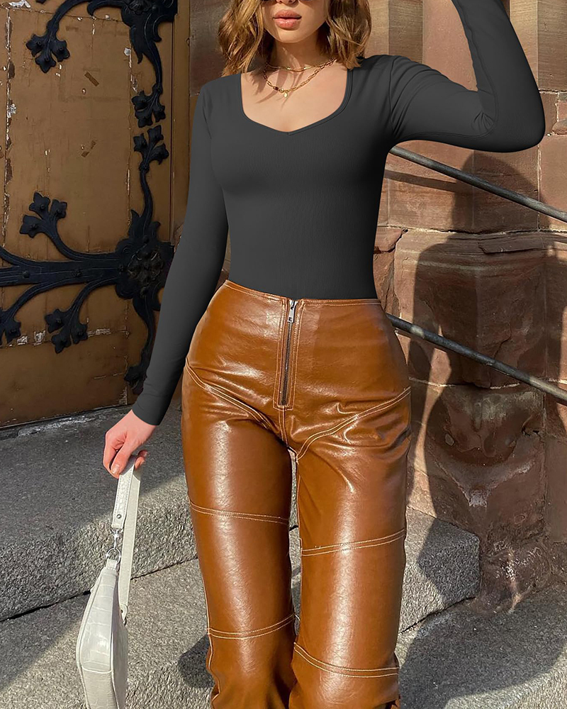 Sweetheart V Neck Ribbed Long Sleeve Bodysuit