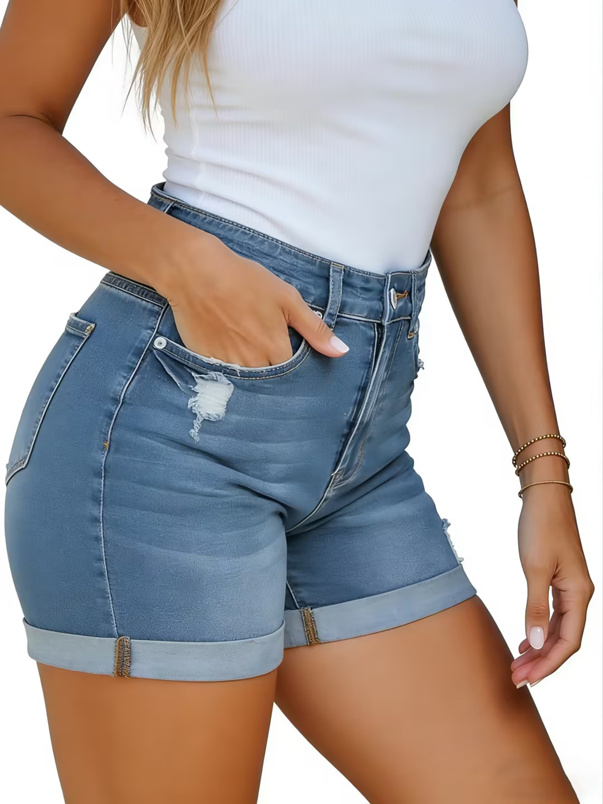 High Waisted Distressed Rolled Up Denim Shorts