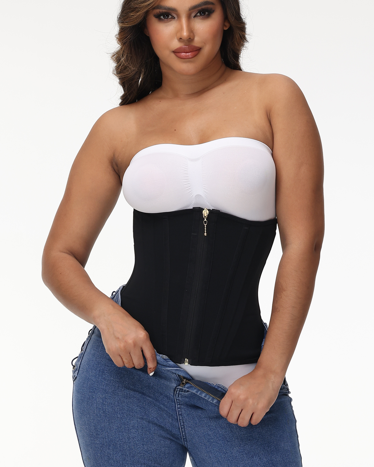 Women Black Waist Trainer with Zipper & Hooks Ref10060