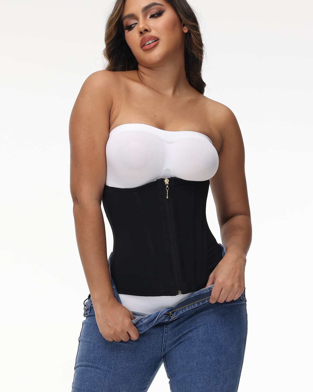 Women Black Waist Trainer with Zipper & Hooks Ref10060