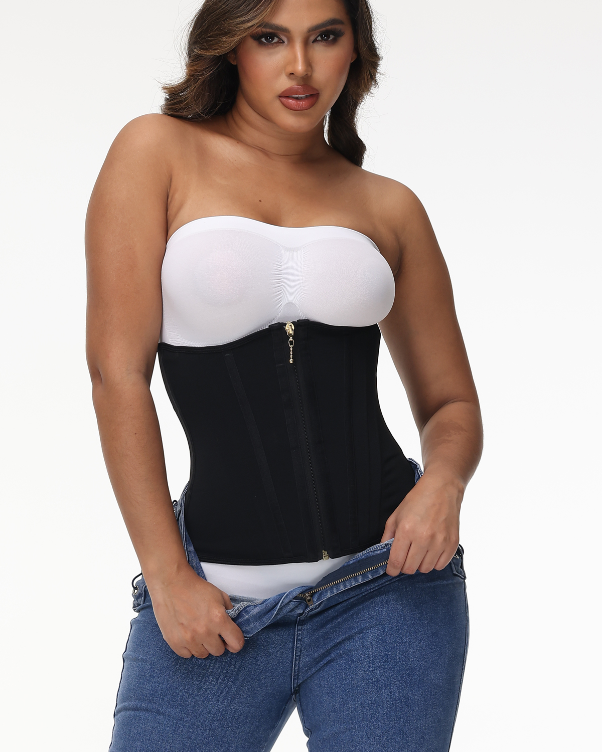 Women Black Waist Trainer with Zipper & Hooks Ref10060