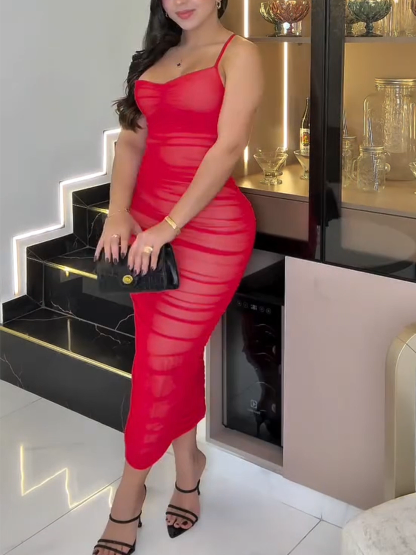 Sexy Sheer Mesh Ruched Bodycon Dress