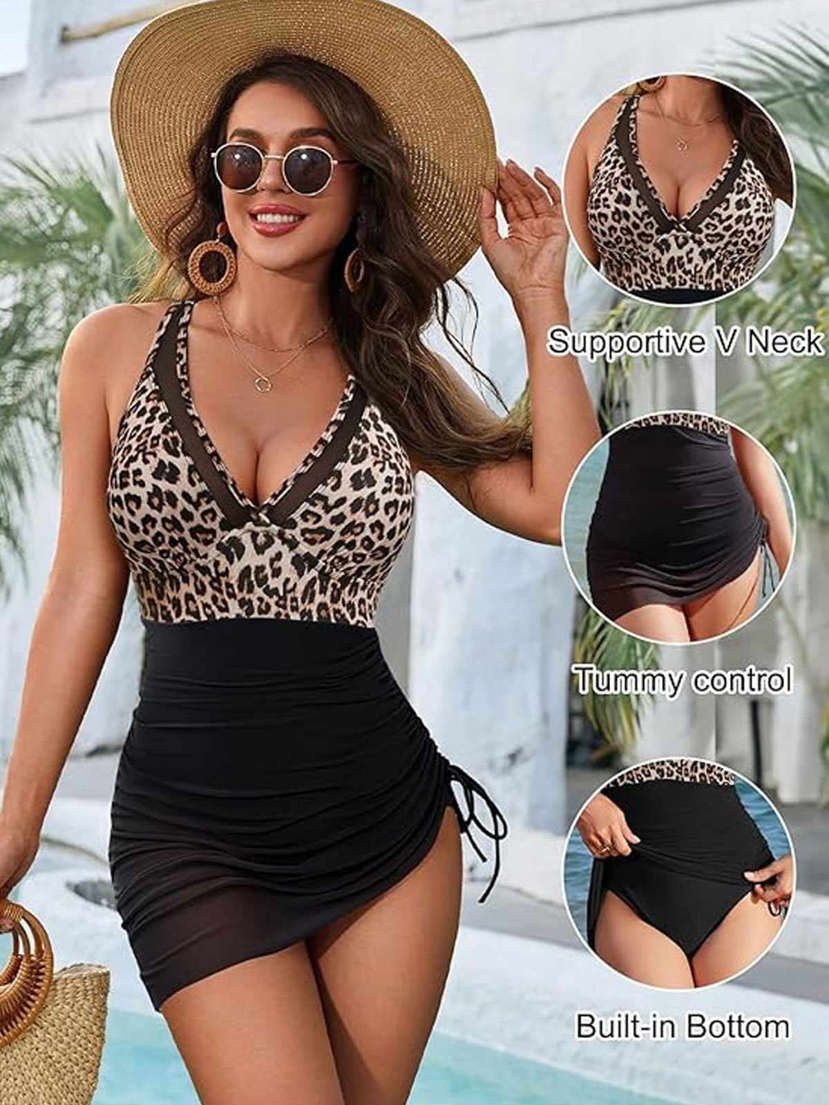 Tummy Control Mesh Sheer Sarong Wraps Women One Piece Swim Dress