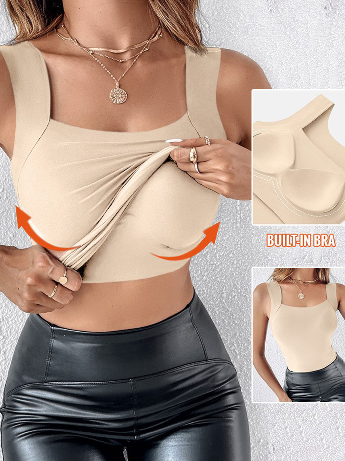 U Neck Shapewear Built-in Bra Tank High Strechy Sleeveless Slim Fit Tops Camisole