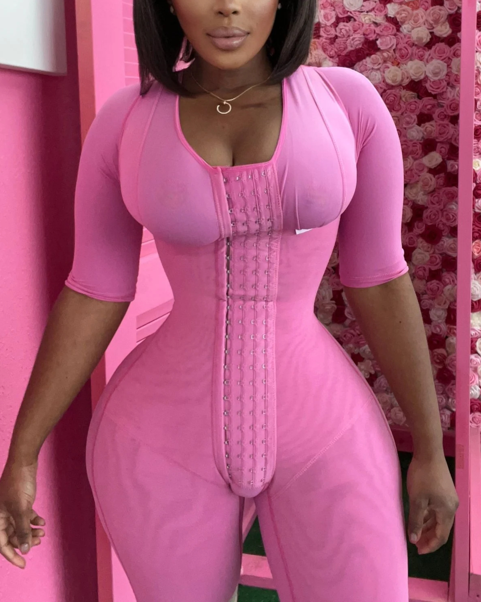 Short Sleeves Hook & Eye Front Slimming Fitness Bodysuit