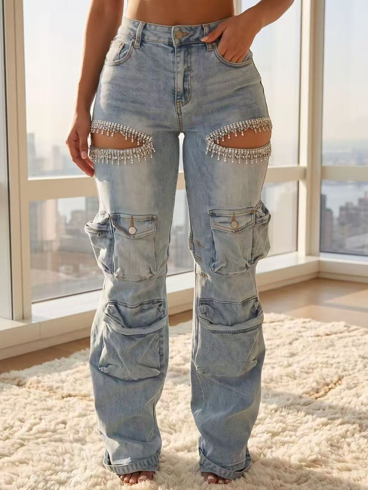 High Waist Rhinestone Fringe Cutout Wide Leg Cargo Denim Jeans