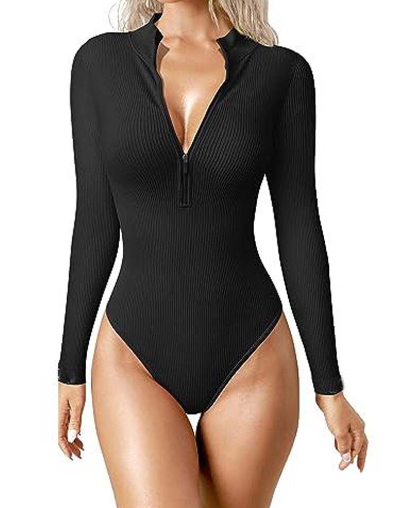 Zipper Front Long Sleeve Sexy Ribbed Long Sleeve Tights