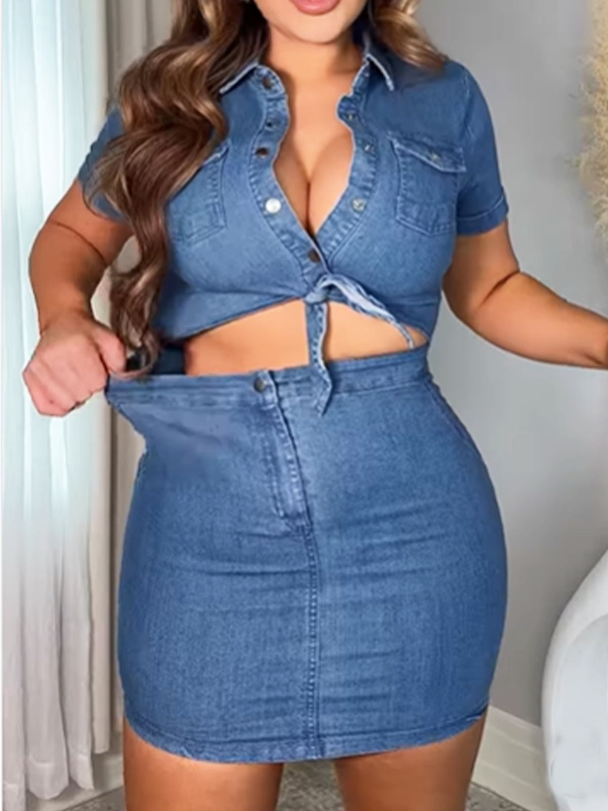 Womens Sexy 2 Pieces Denim Outfits Button Shirt Package Hip Denim Dress Set