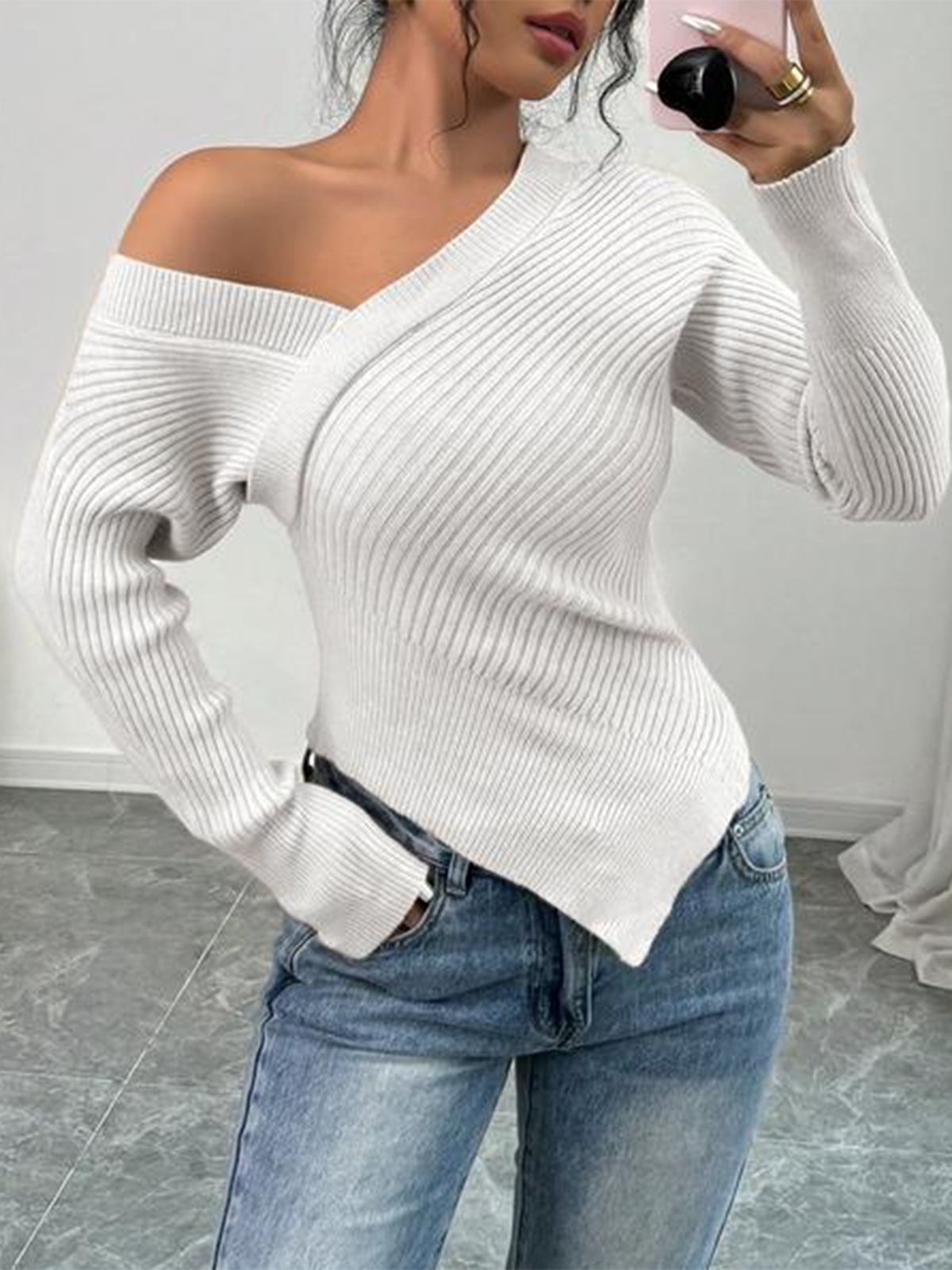 Off The Shoulder Soft Stretch Wrap Around Asymmetrical Ribbed Sweater