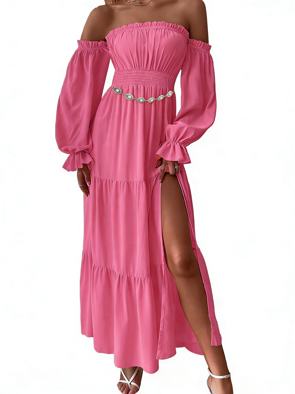 Women's Boho Sexy Off Shoulder Long Sleeve Maxi Dress High Waist Side Split A Line Tiered Long Dresses
