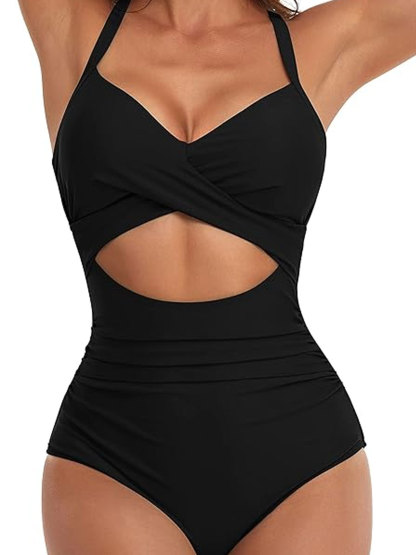 One Piece Swimsuits Tummy Control Cutout High Waisted Bathing Suit Wrap Tie Back