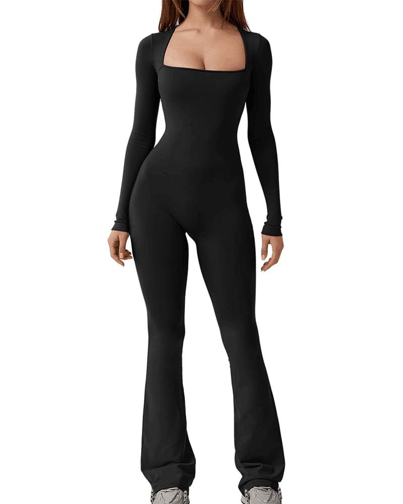 Yoga Jumpsuit With Long Sleeves And Generous Collar-ChicCurve