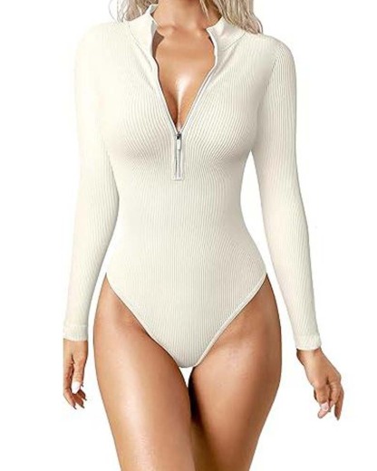 Zipper Front Long Sleeve Sexy Ribbed Long Sleeve Tights