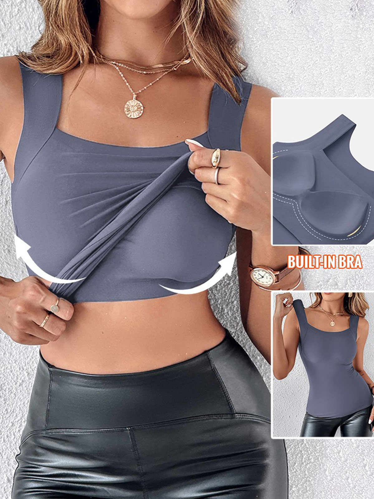 U Neck Shapewear Built-in Bra Tank High Strechy Sleeveless Slim Fit Tops Camisole
