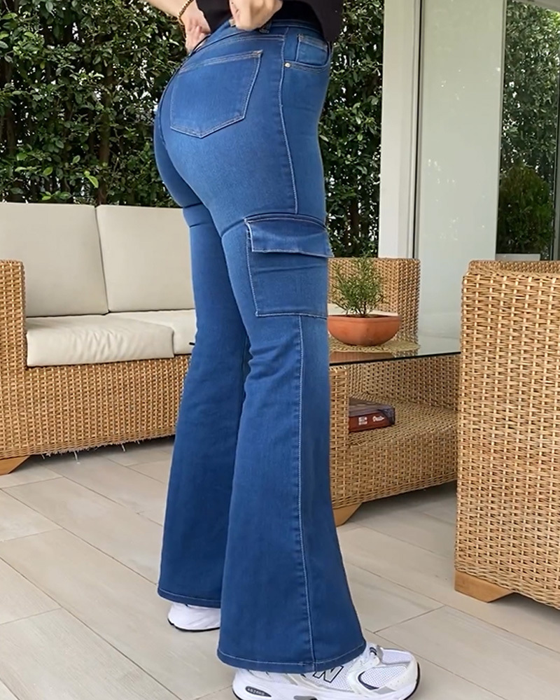 Pocket Cargo Style Flared Jeans-ChicCurve