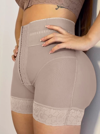 Lace Stitching Butt Lifting Slimmer Front Buckle Shaping Shorts