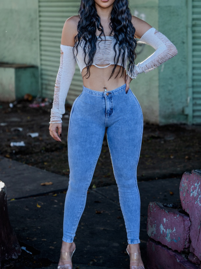 Chained High-Waist Elastic Jeans (Pre-Sale)