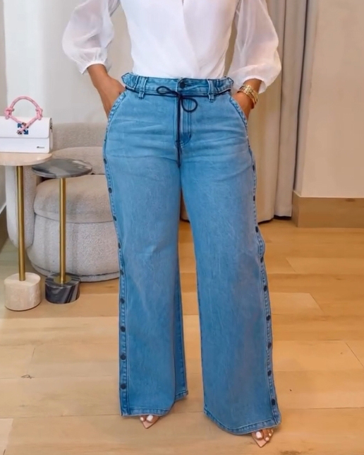 Women's Straight Leg Wide Legs High Waist Baggy Snap Button Side Jeans