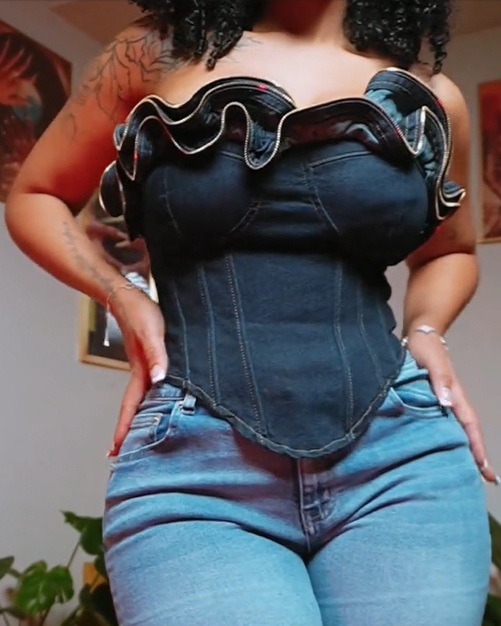 Wavy Ruffle Top For Women Demin Corset With Zipper