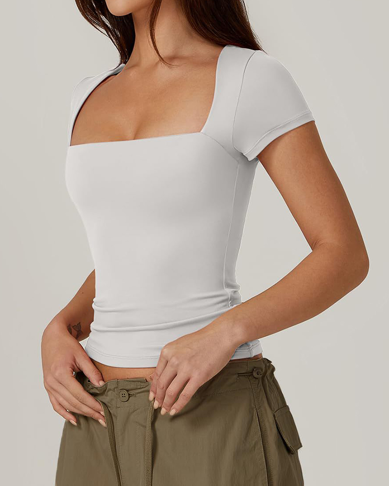 Square Neck Short Sleeve T Shirts Basic Tee Slim Fit Tops