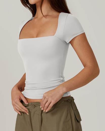 Square Neck Short Sleeve T Shirts Basic Tee Slim Fit Tops