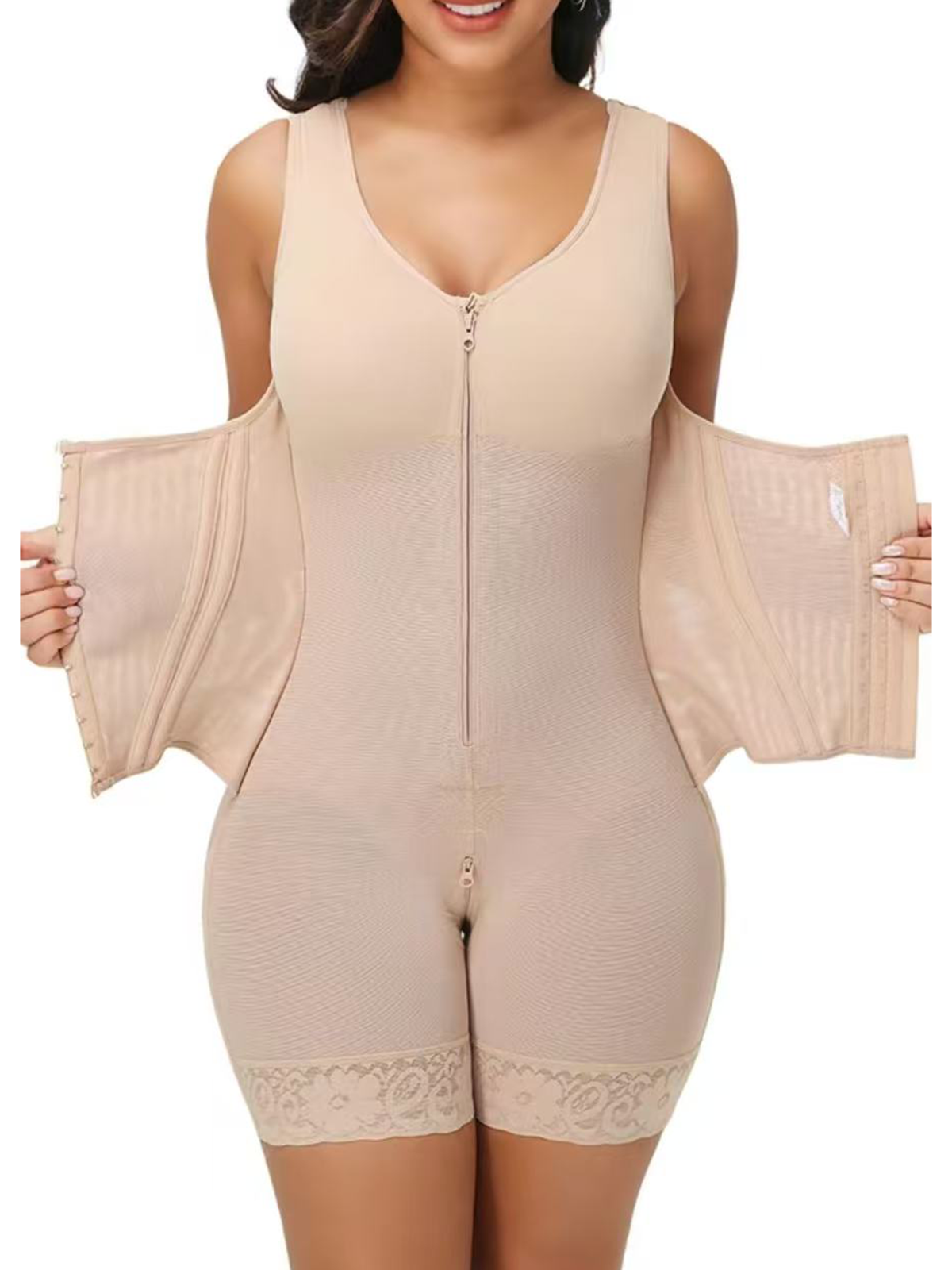 Faja Compression Shapewear For Women Double Layer Fabric Built In Bra Adjustable Straps Zipper Crotch Breathable