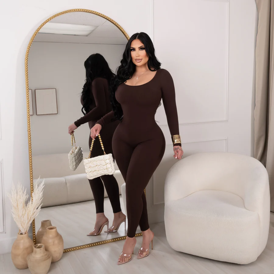 Long Sleeve Round Neck Bodysuit Snatched Jumpsuit