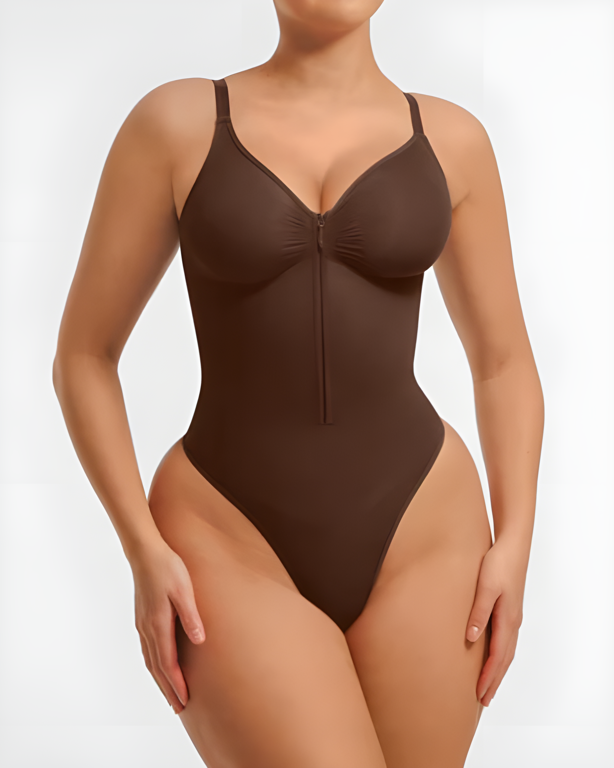 V-Neck Front Zip Ribbed Shapewear Thong Bodysuit