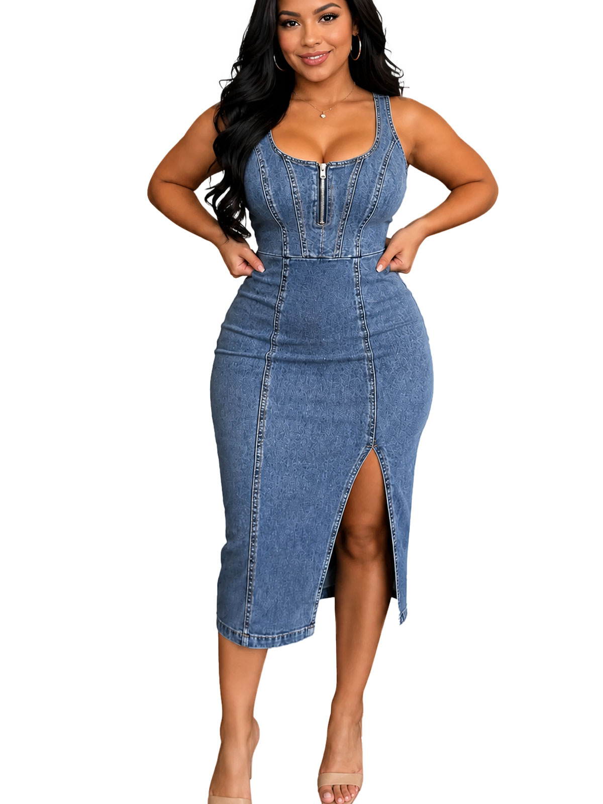 Stretch Sleeveless Denim Dress With Slit