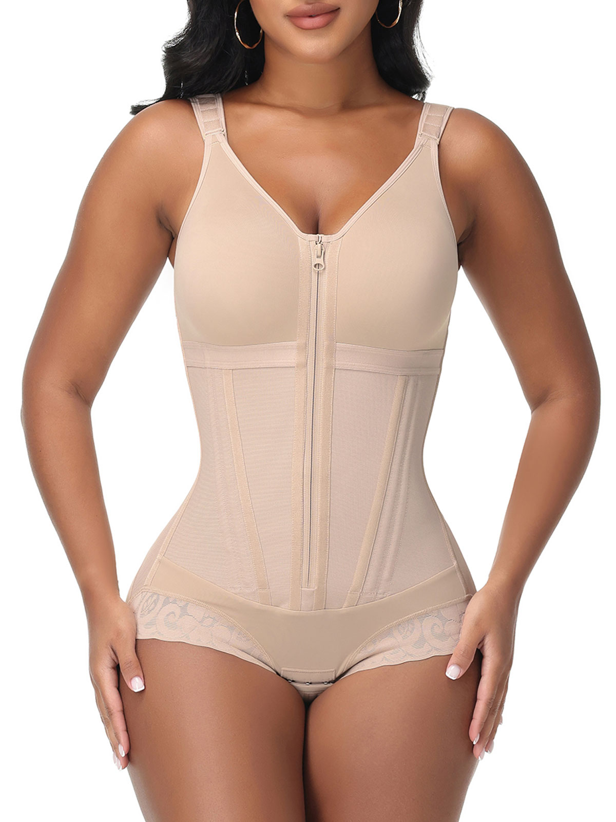 Double-Layer PowerMesh Hourglass Tummy Sculpt Zipper Bodysuit With Bra