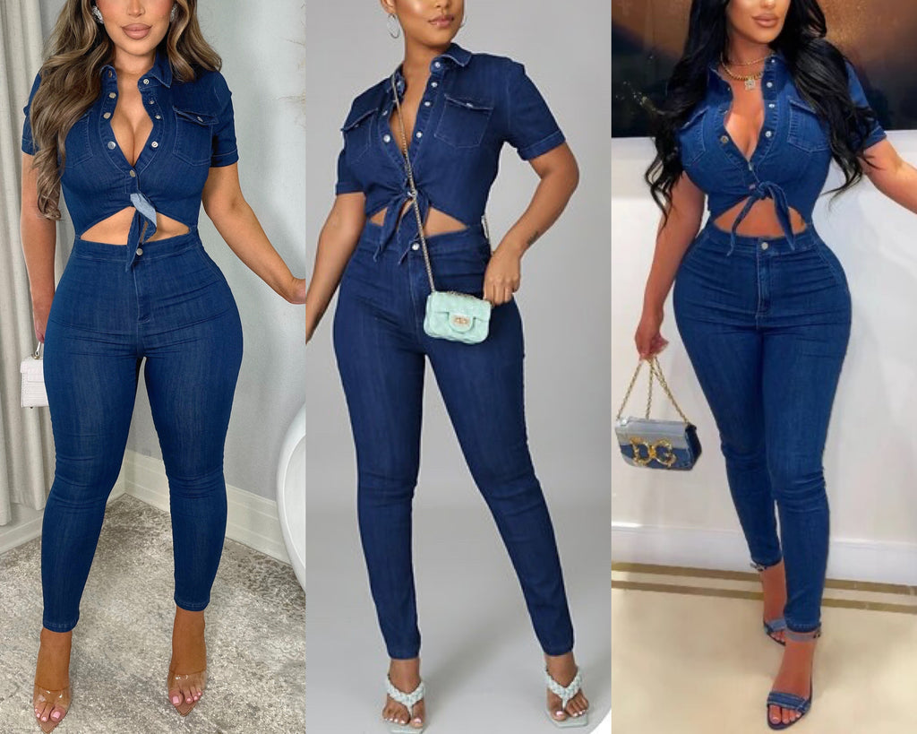 Dark Denim Button Down Cut Out Jumpsuit
