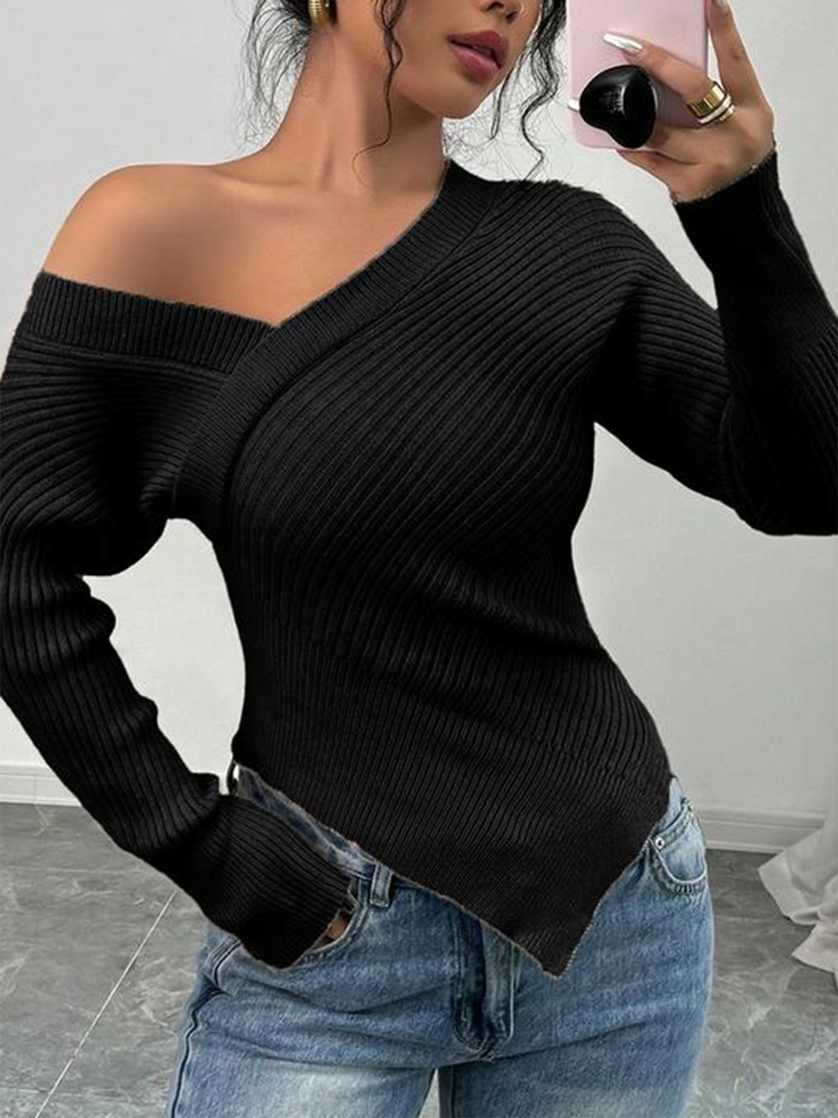 Off The Shoulder Soft Stretch Wrap Around Asymmetrical Ribbed Sweater