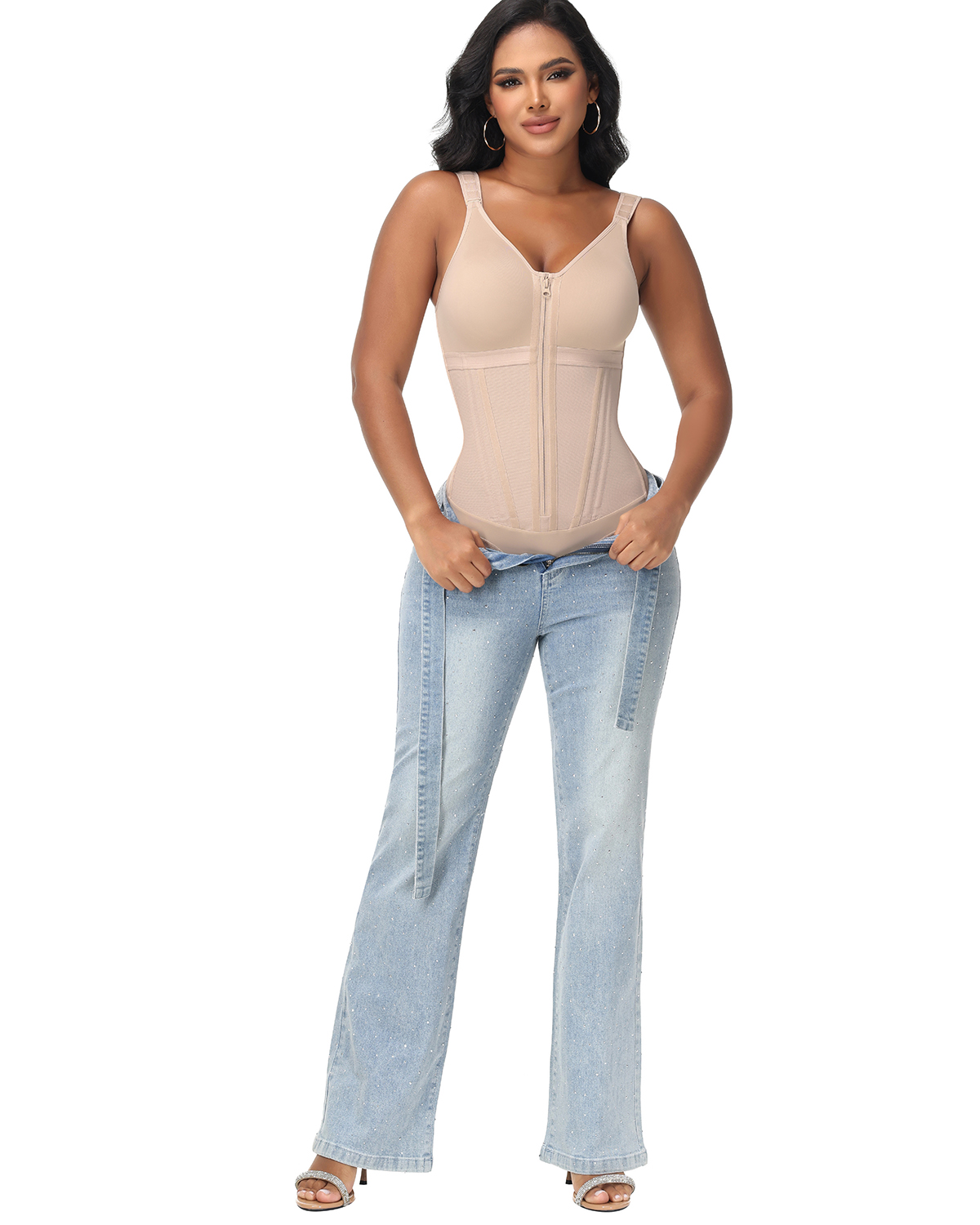 Double-Layer PowerMesh Hourglass Tummy Sculpt Zipper Bodysuit With Bra