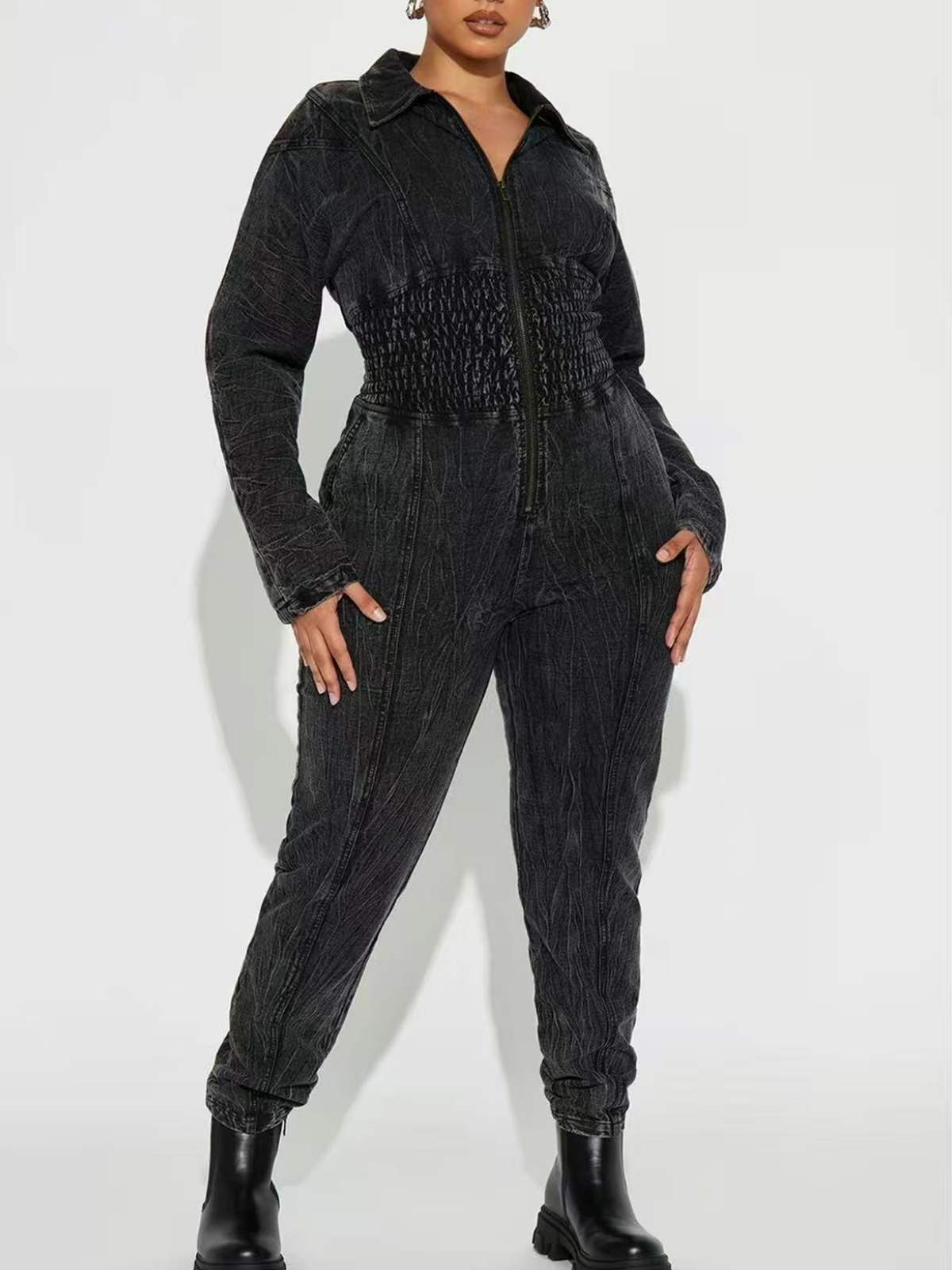 Long Washed Denim Jumpsuit With Widened Belly And Elastic Waist