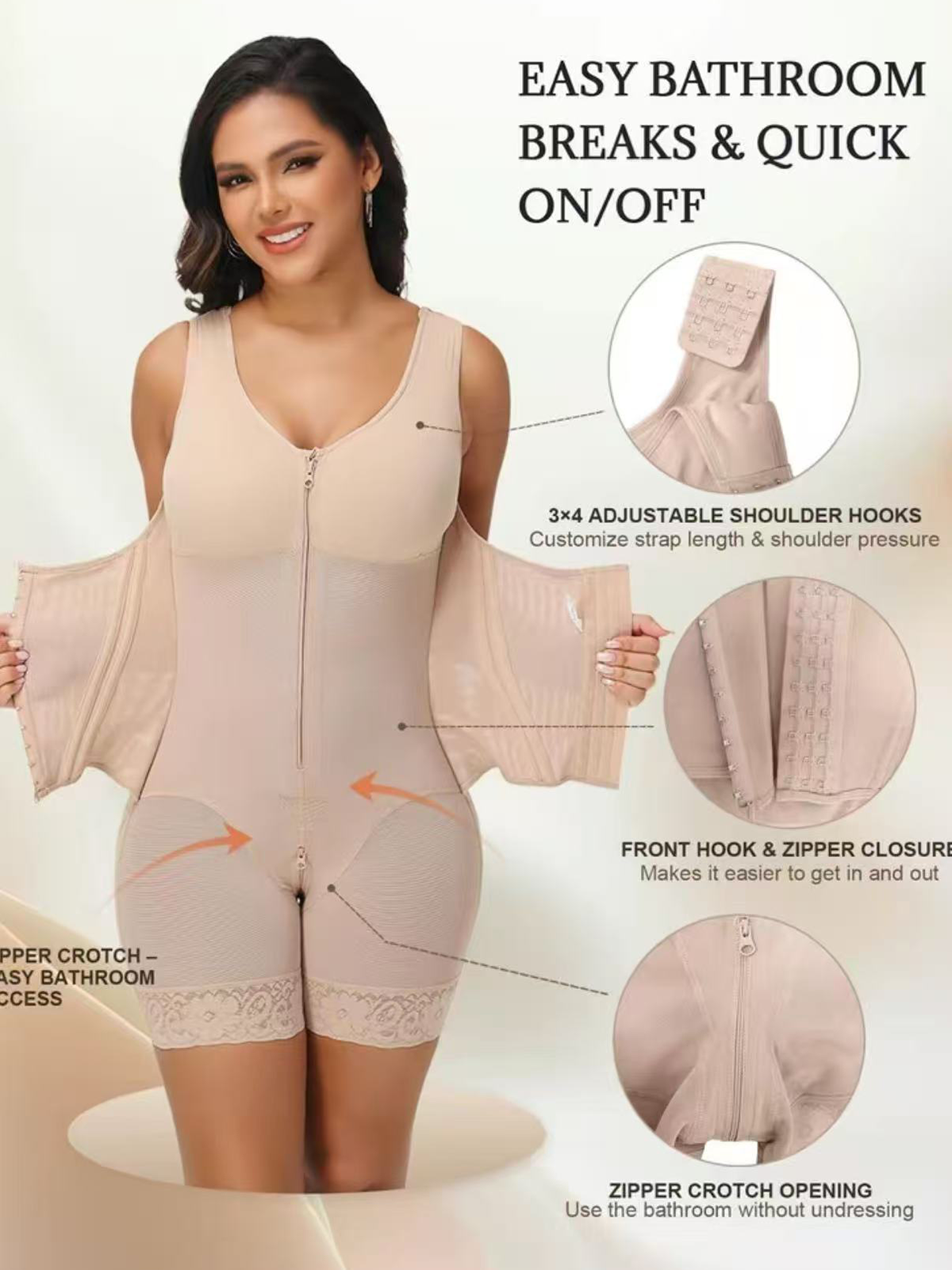 Faja Compression Shapewear For Women Double Layer Fabric Built In Bra Adjustable Straps Zipper Crotch Breathable