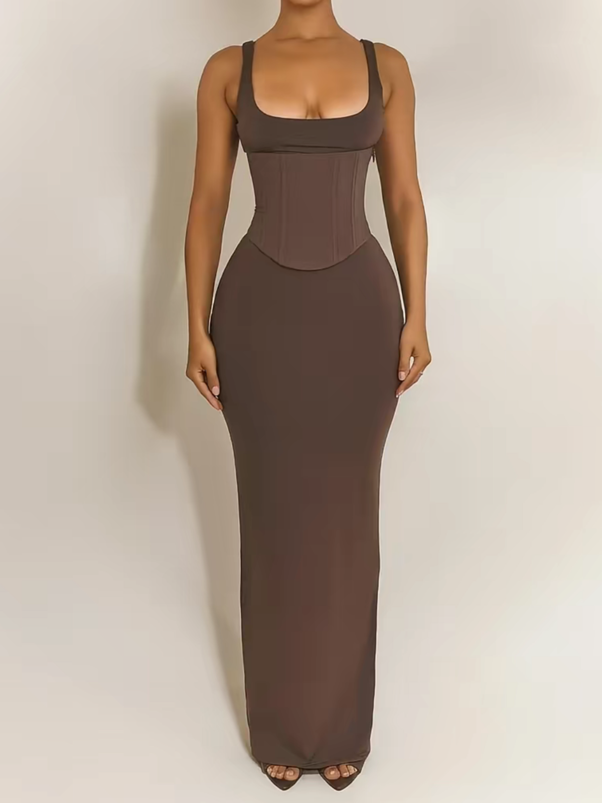 Form Fitting Maxi Dress Paired With a Lace Up Waist Cincher