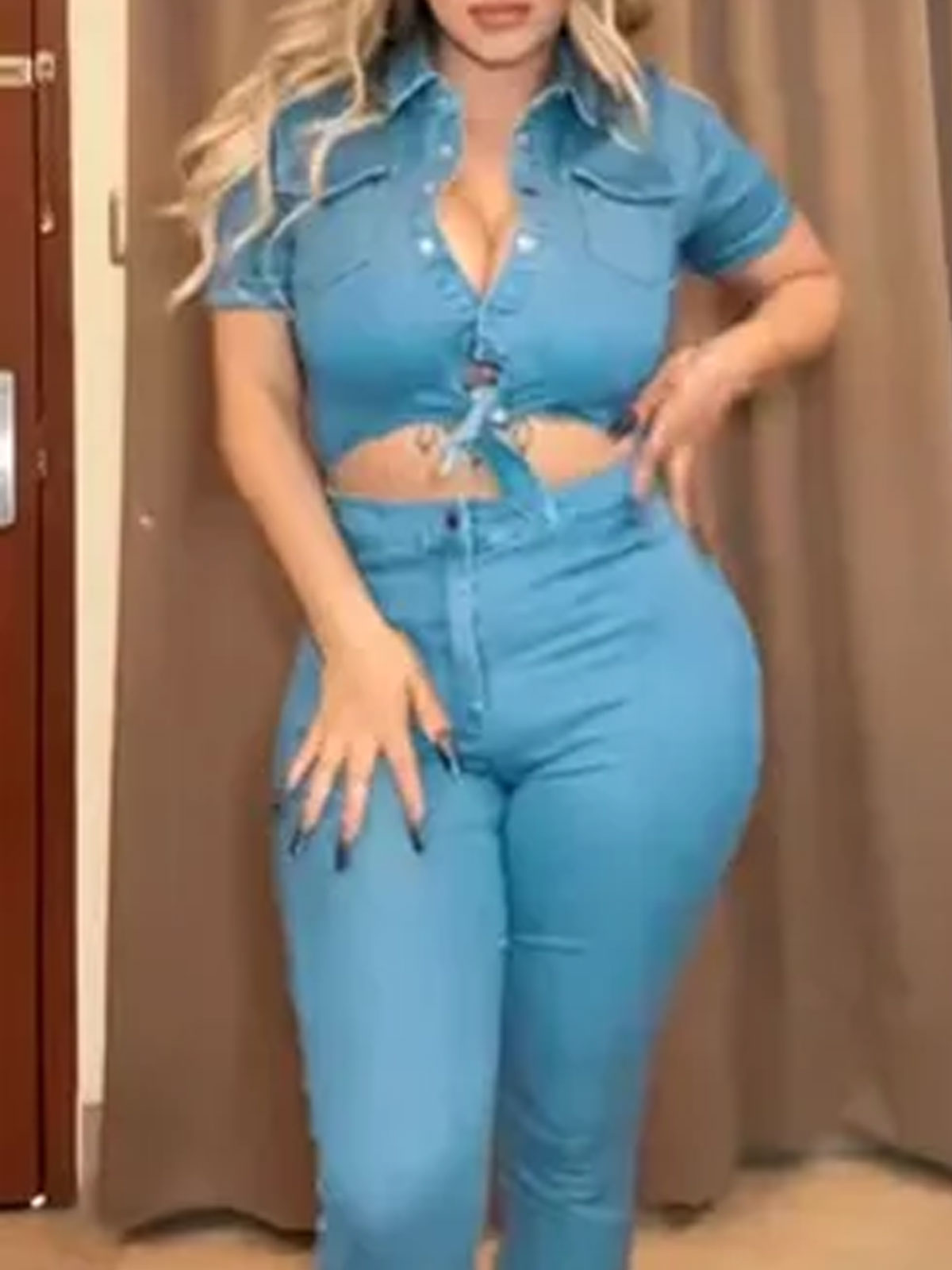 Women Lapel Hollow Out Skinny One Piece Jeans Romper Denim Jumpsuit