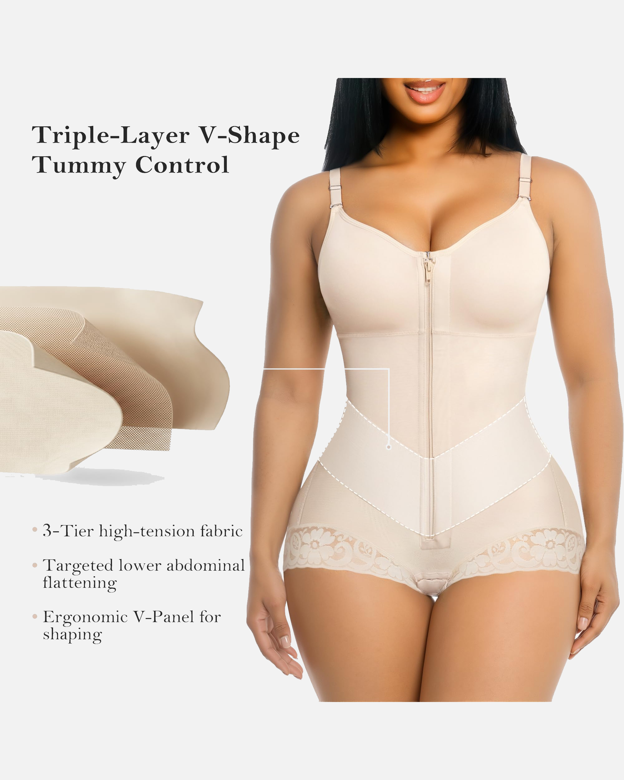 Tummy Control Front Zip Brief Cut Faja Bodysuit